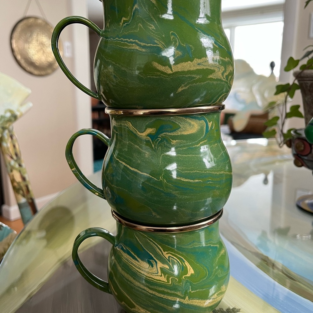 Mackenzie Childs Victoria and Richard Original Mugs 3 Green Enamelware